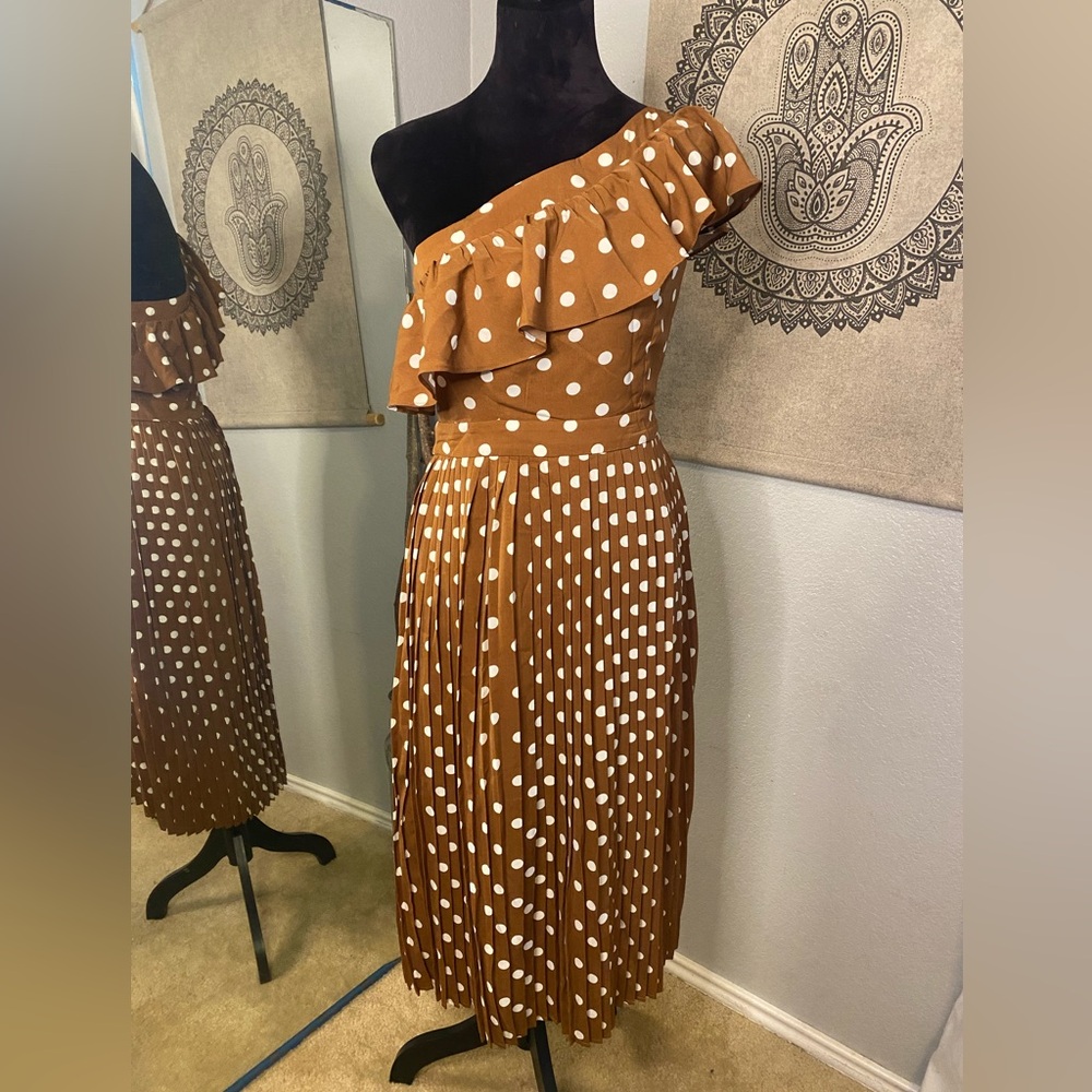 English Factory Brown and White Polka Dotter One Shoulder Sundress